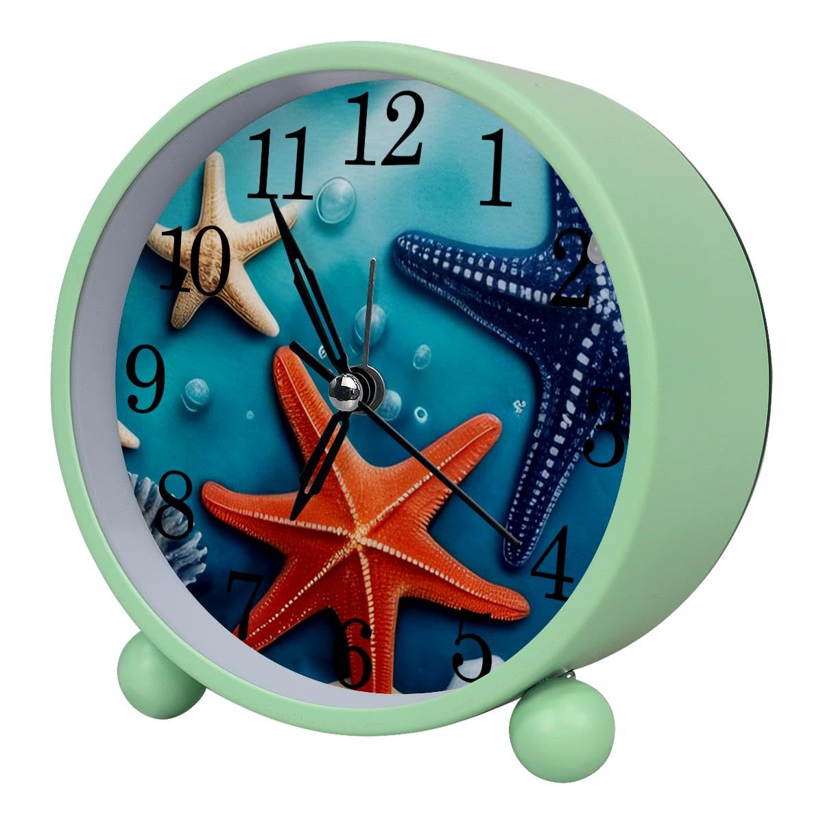 Alarm Clock Seashell Coral Starfish, Silent Non-Ticking with Night Light