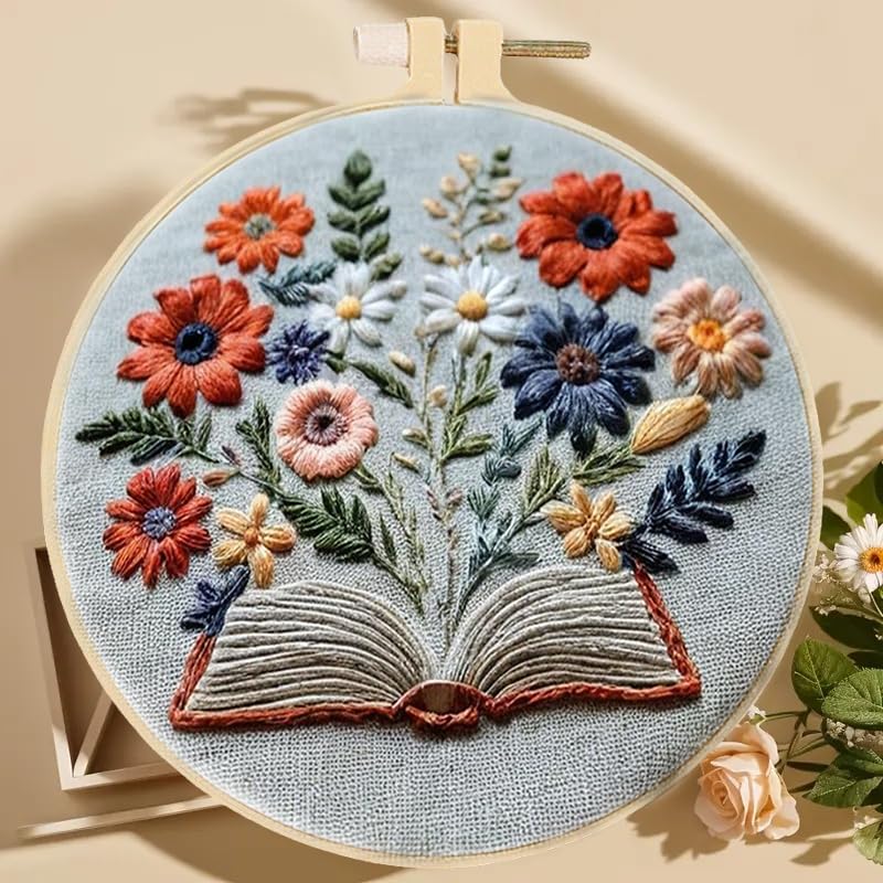 Image of Huacan 1pc Floral Book Embroidery Cross Stitch Kit - Vibrant Floral Design with Open Book & Butterflies, Includes Pattern & English Instructions, Perfect for Wall Decor in Living Room