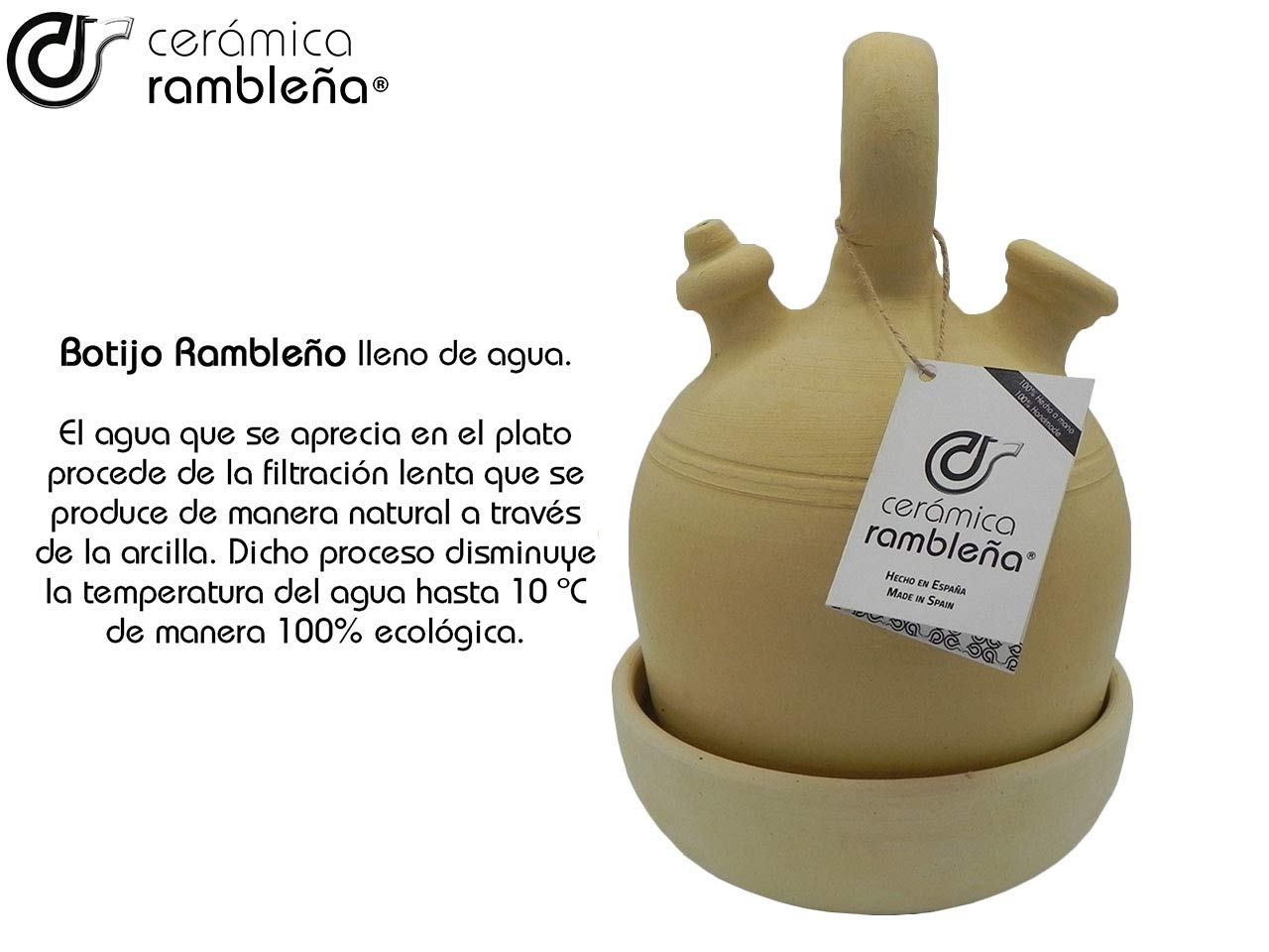 CERÁMICA RAMBLEÑA | Traditioneller Tonkrug mit rundem Henkel und breitem Boden aus La Rambla (Córdoba) | 100% Handarbeit | 3 Liter | ECO | Inklusive Schale