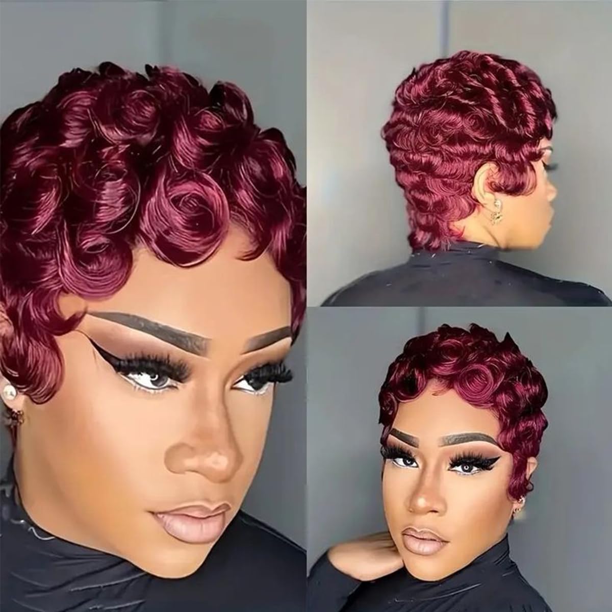 MOONSHOW Short Pixie Wigs for Black Women Wine Red Pixie Cut Wig Burgundy Short Curly Wigs for Black Women Synthetic 99J Color Short Hair Wig for