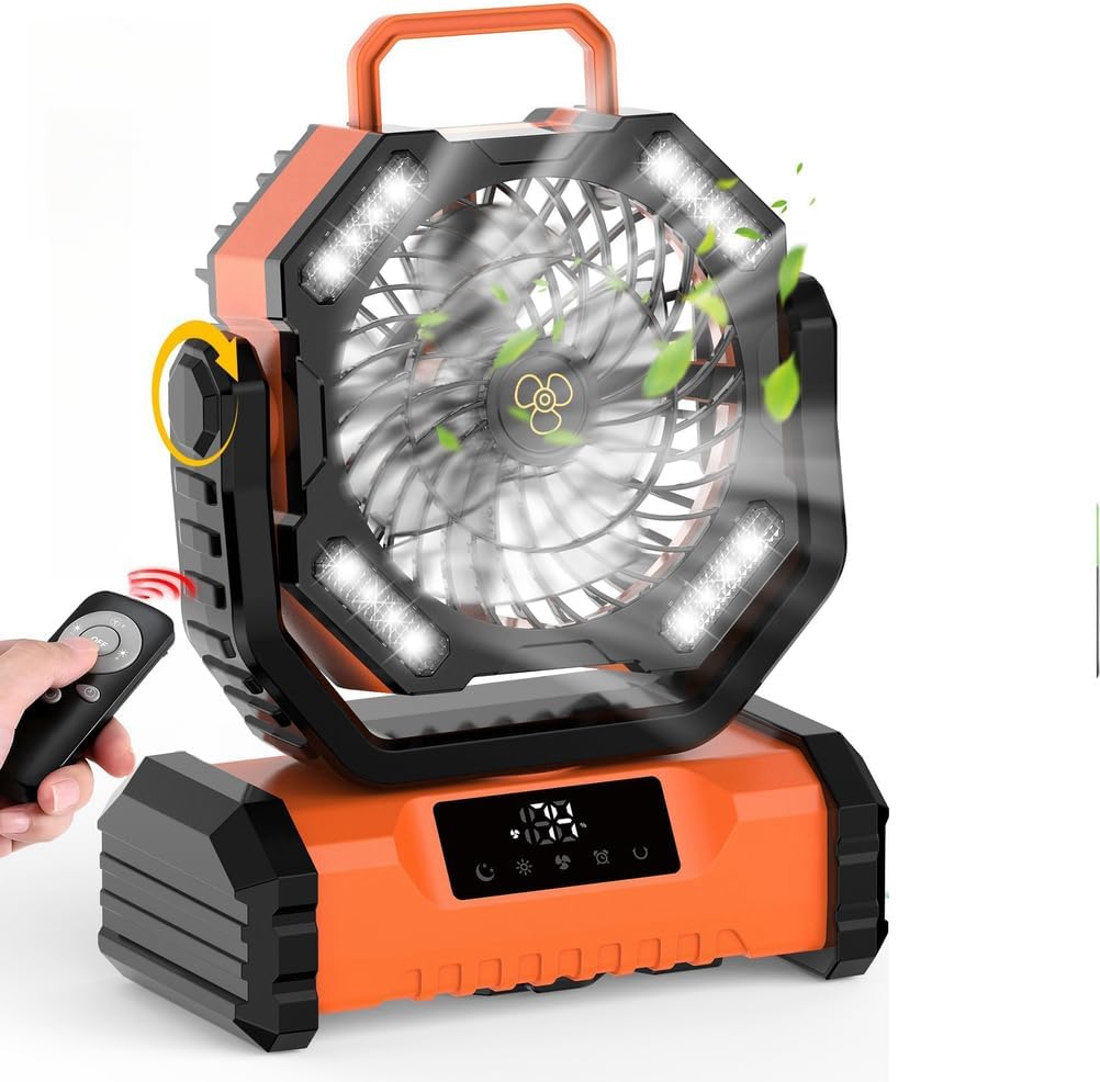 20000mAh Battery Powered Fan Rechargeable with LED Lantern,Portable Outdoor Tent Fans with Hanging Hook 4 Speeds Wind Remote Control