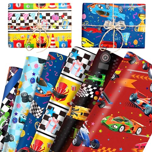 BACH AND BOUJEE 12 feuilles papier cadeau course automobile rapide un deux vitesse anniversaire fête célébration DIY loisirs créatifs