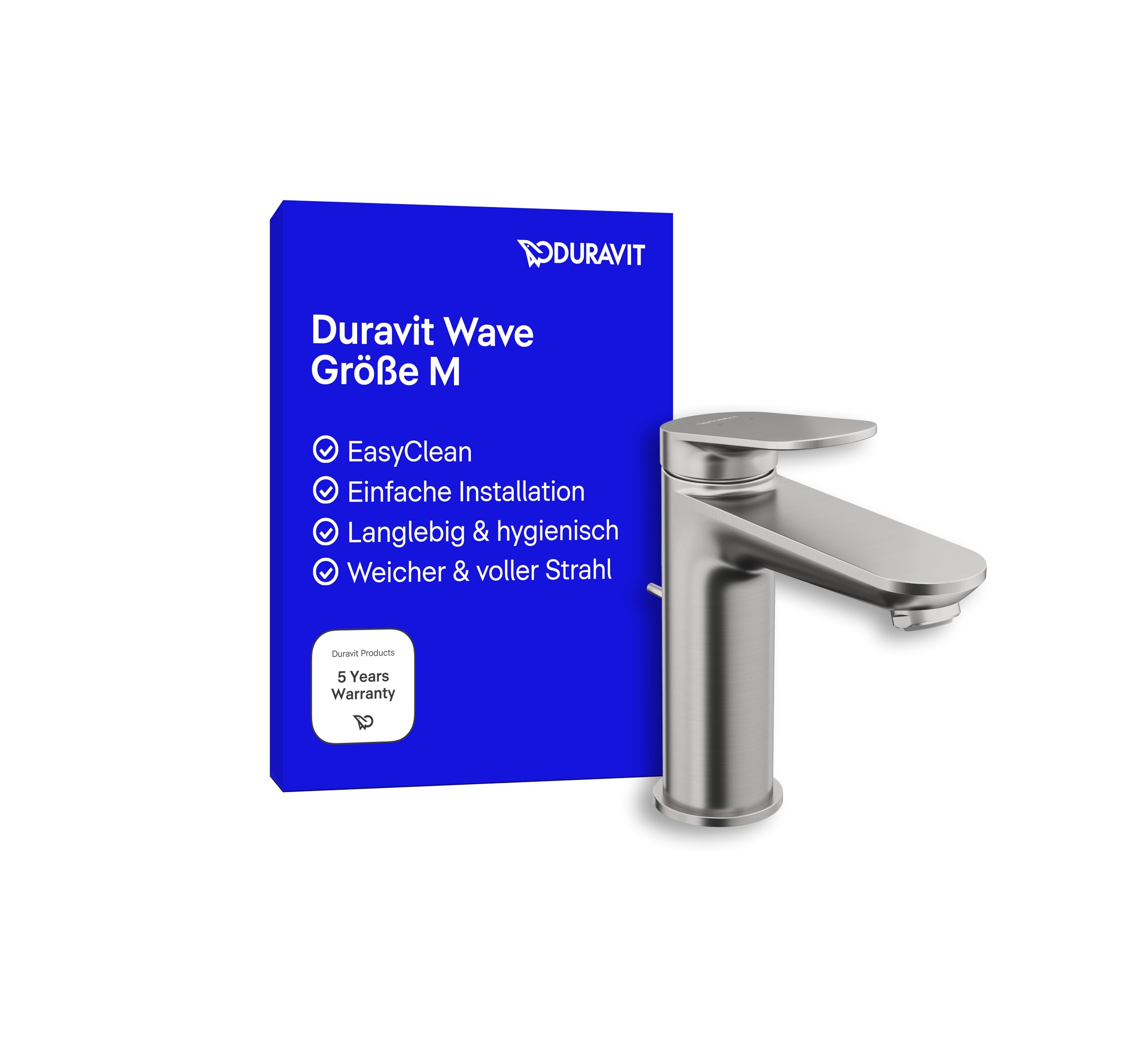 Duravit Wave Waschtischarmatur, Größe M (Auslauf Höhe 111 mm), Wasserhahn Bad mit Zugstangen-Ablaufgarnitur, Armatur Waschbecken, Edelstahl Gebürstet