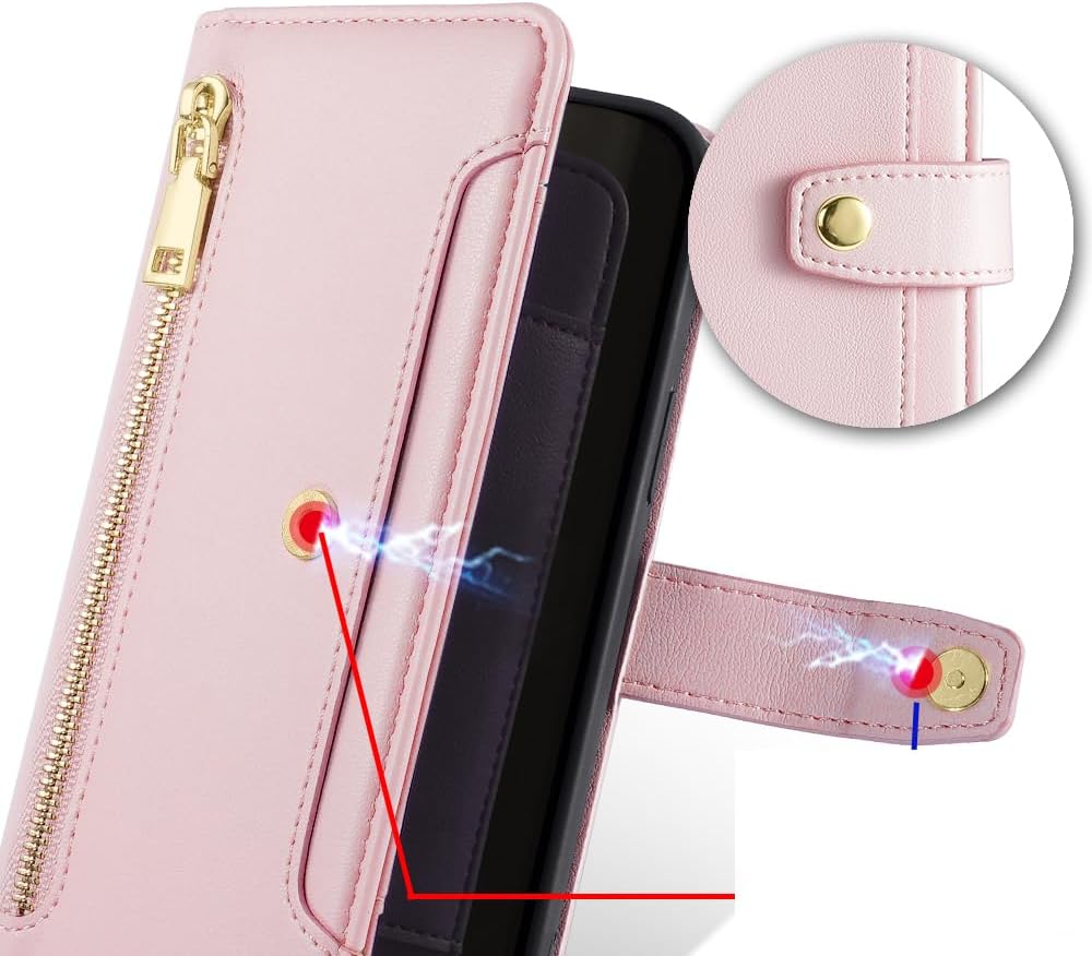 Compatible with Google Pixel 8 Pro Flip Kickstand Lanyard Zipper Card Slot Wallet Case Pink
