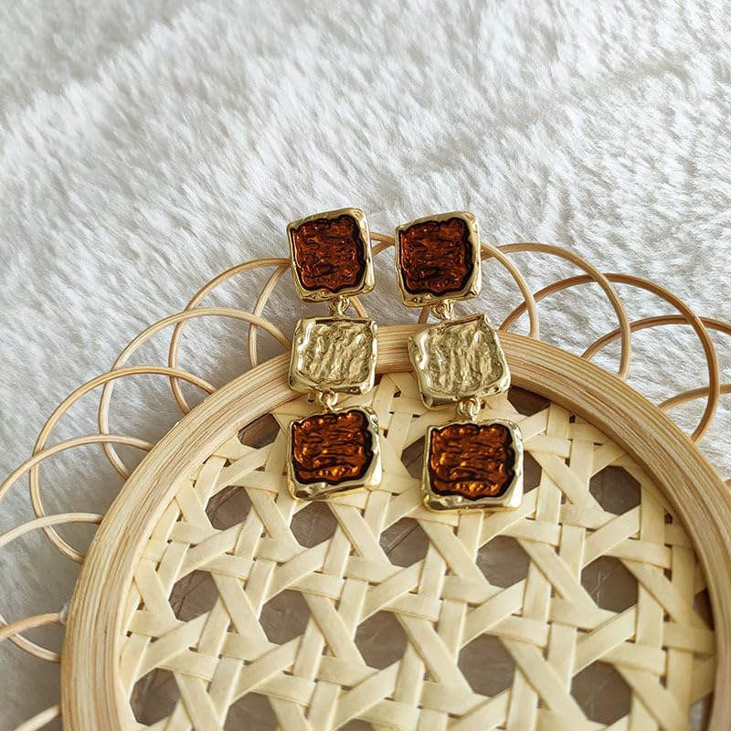 Square Brown Earrings for Women Brown Statement Earrings Vintage Browns and Gold Earrings Jewelry - Image 6