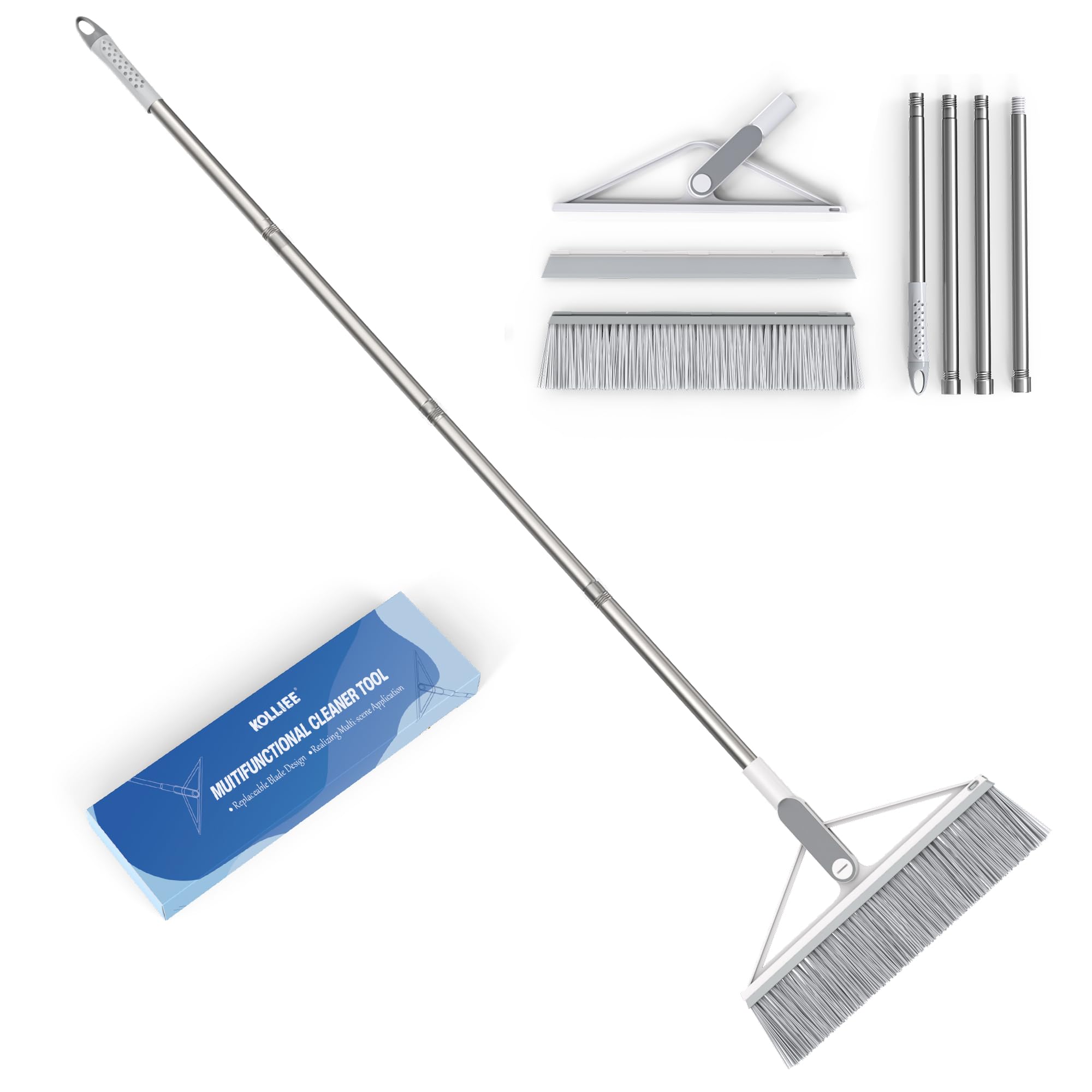 KOLLIEE Floor Broom 120° Rotating Long Handle 2 Detachable Heads Floor Broom with Hook for Tile Carpet Wet Floor Grey
