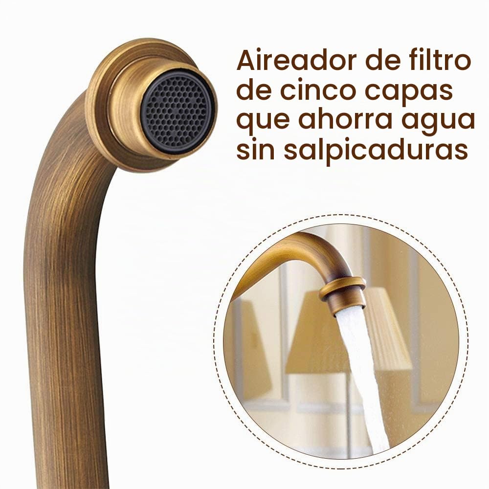 Grifo Lavabo Latón Vintage,Grifo Lavabo Alto de Agua FríA y Caliente con Dos Mandos Giratorios,Grifo Del Fregadero Baño Cocina Cerámica,con 2 Mangueras,Salida de Agua con Giro de 360°,Ahorro de Agua