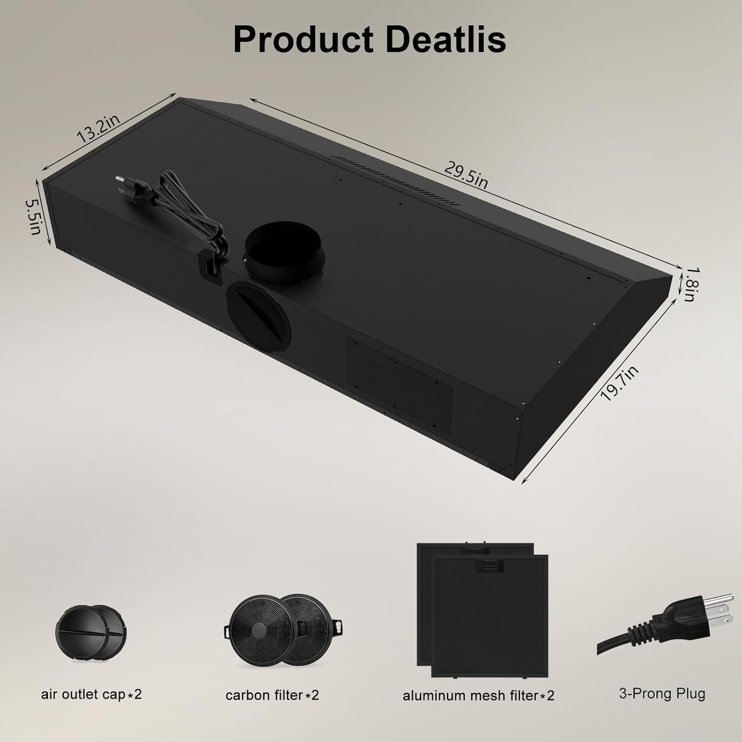 Diagram showing the TAZPI range hood dimensions and included accessories: air outlet caps, carbon filters, aluminum mesh filters, and a 3-prong plug.