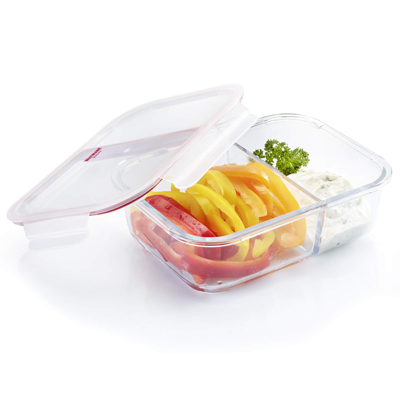 Westmark Contenitore salva-freschezza in vetro, Due sezioni, Tappo ermetico, Capacità: 1380 ml, Adatto per microonde, freezer e forno, Senza BPA, Vetro/Plastica/Silicone, Trasparente/Rosso, 234522E1