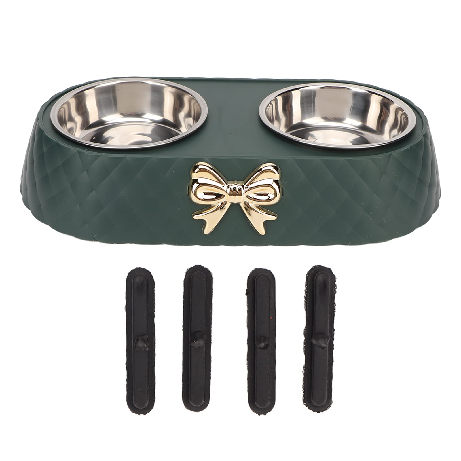 KKPLZZ Double Pet Bowls, Stainless Steel Dog Cat Bowls with Non Slip Mats and Bowknot Holder, Removable Food Water Bowls for Small Medium Pets (Dark Green)