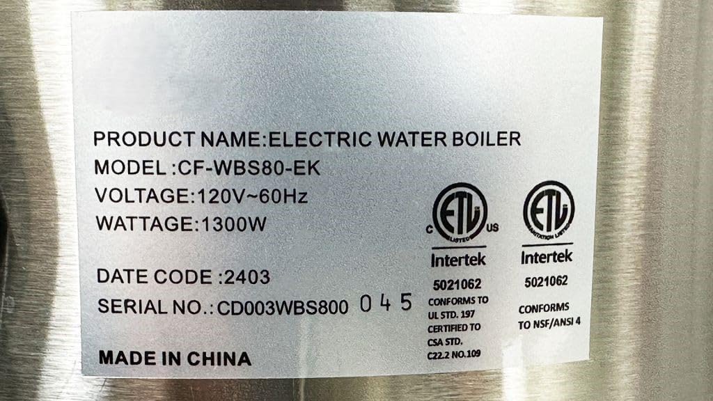 Commercial Electric Water Boiler, 6.5L Capacity, 1300W, Stainless Steel, Adjustable Temperature Control CF-WBS80-EK