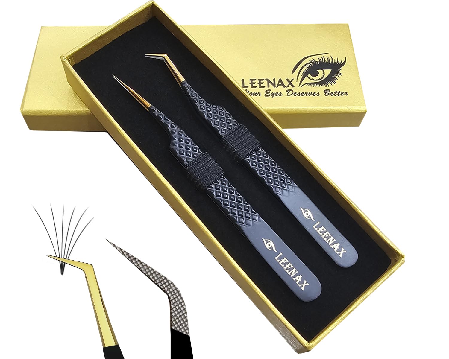 LEENAX 2 Pcs Stainless Steel Tweezers for Eyelash Extensions, Eyelash Extension Tweezers Set, Volume Tweezers, Lash Extension Precision Tweezers, Extension tweezers. (Black)
