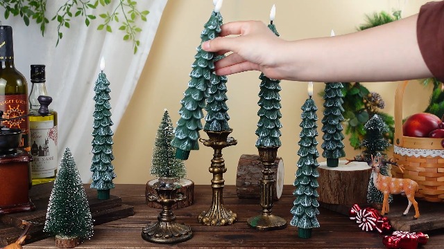 Image of Funtery 6 Pcs LED Christmas Tree Flameless Taper Candles Real Wax Battery Operated Candlestick Lights with 3D Flame and Remote Timer Window Fireplace (Frosted Green,Christmas Tree)