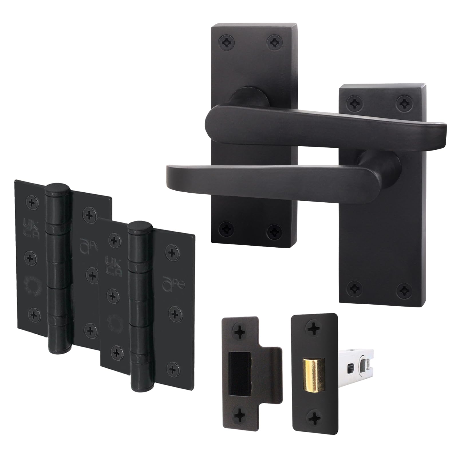 EAI Black Door Handle Latch Set | 1 Pair Internal Handles on Backplate with Latch 64mm & Hinges 76mm | Straight Pattern