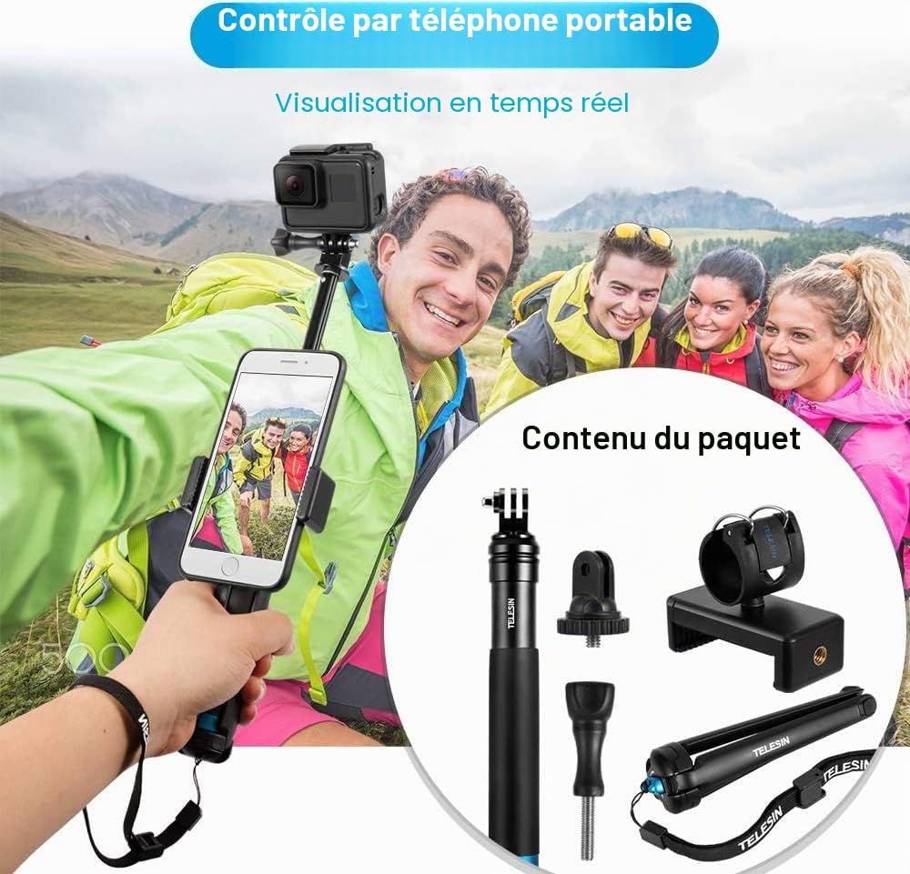 TELESIN Trépied pour TéLéphone, 90 CM Perche à Selfie Télescopique étanche