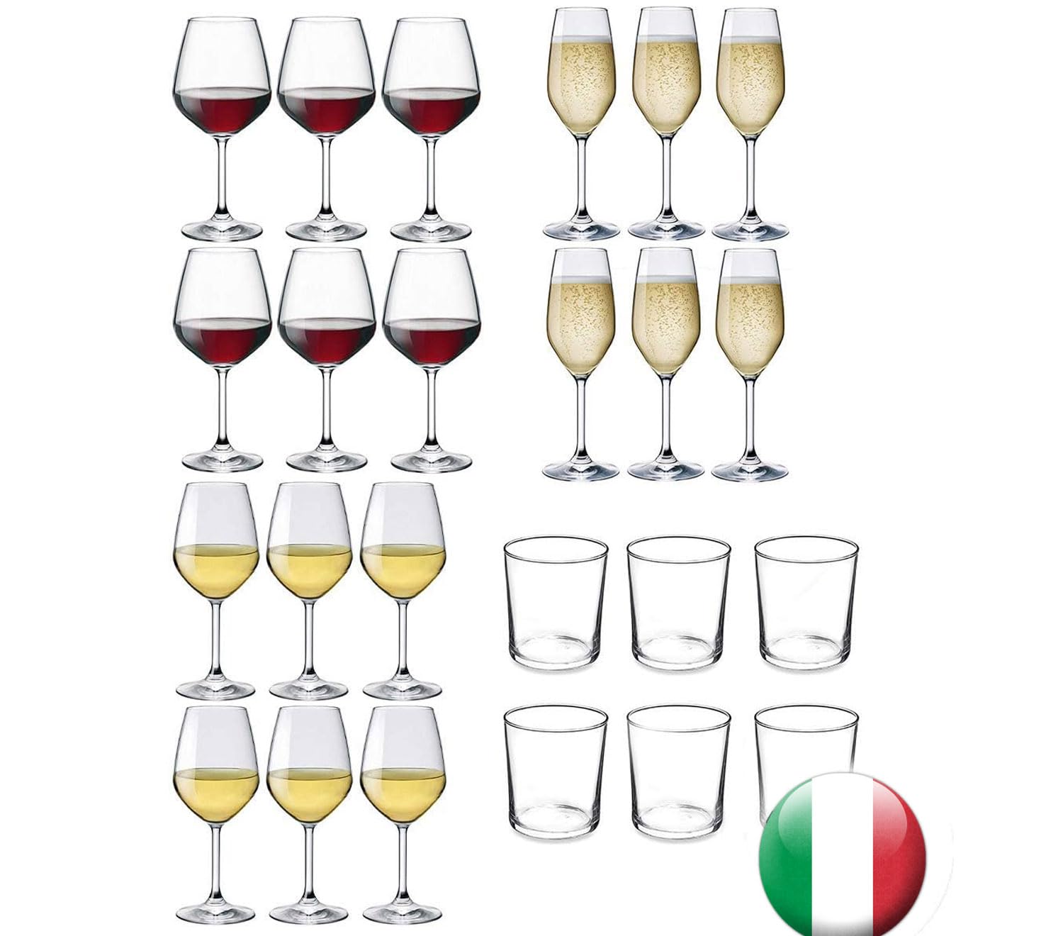 Service x6 personnes, lot de 24 pièces : 6 vin blanc divin 44 cl + 6 vin rouge divin 53 cl + 6 flûtes champagne et prosecco divino 24 cl + 6 verres eau bodega 37 cl
