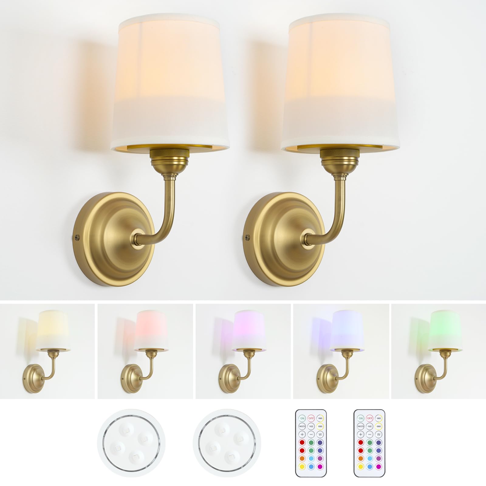 HEQIQEH Vintage Battery Operated Wall Lights Sconce Fixture Set of 2 with Remote Control, Gooseneck Flared Funnel White Fabric Shade Dimmable Nightstand Lamps for Bedside Bedroom Living Room Lounge