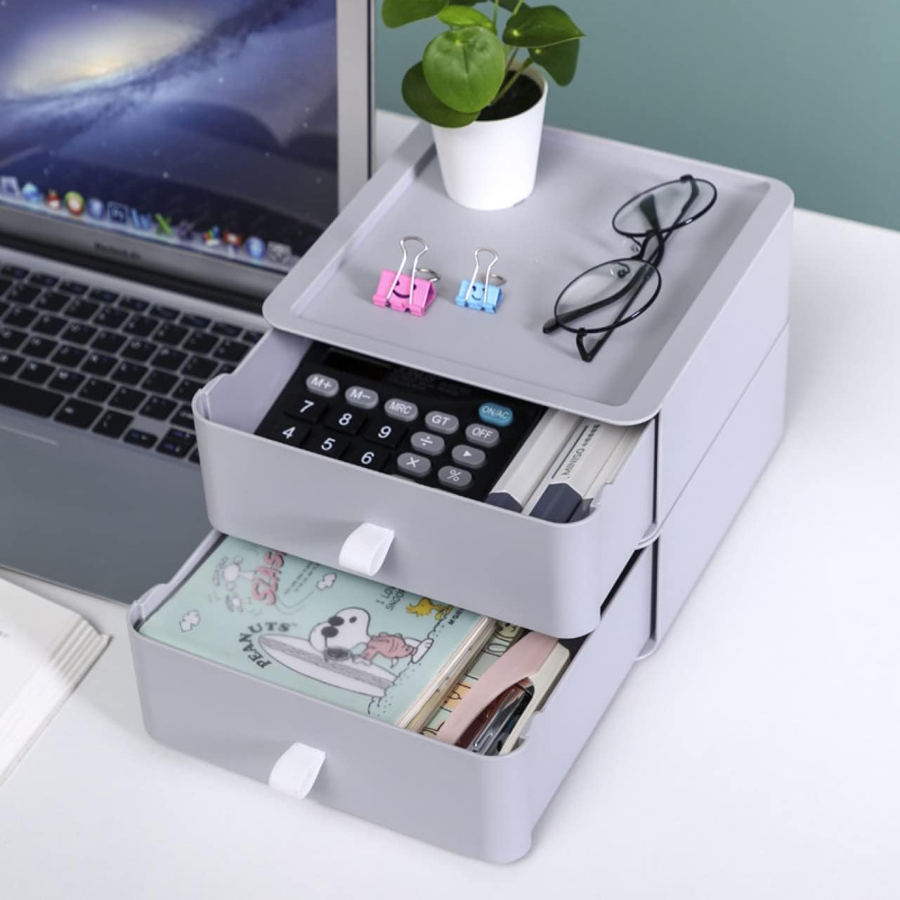 Amazon Brand – Eono białe pudełko do przechowywania, szuflada – wielofunkcyjny plastikowy organizer na biurko do układania w stos dla uczniów artykułów piśmienniczych i materiałów biurowych (4)