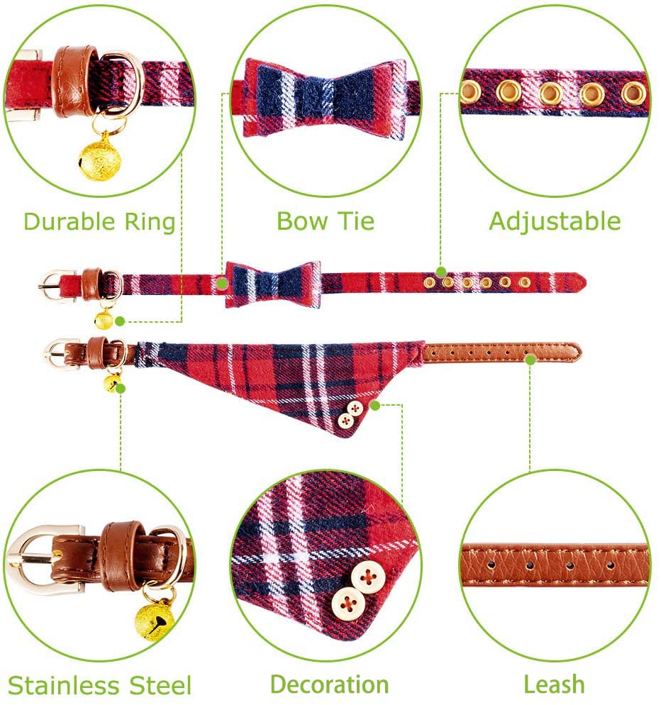 Image of EXPAWLORER Dog Collar and Leash Set - Classic Plaid Dog Bow Tie and Dog Bandana Collar with Bell, Tangle Free, Adjustable for Small to Medium Dogs and Cats, Holiday Ideal Gift