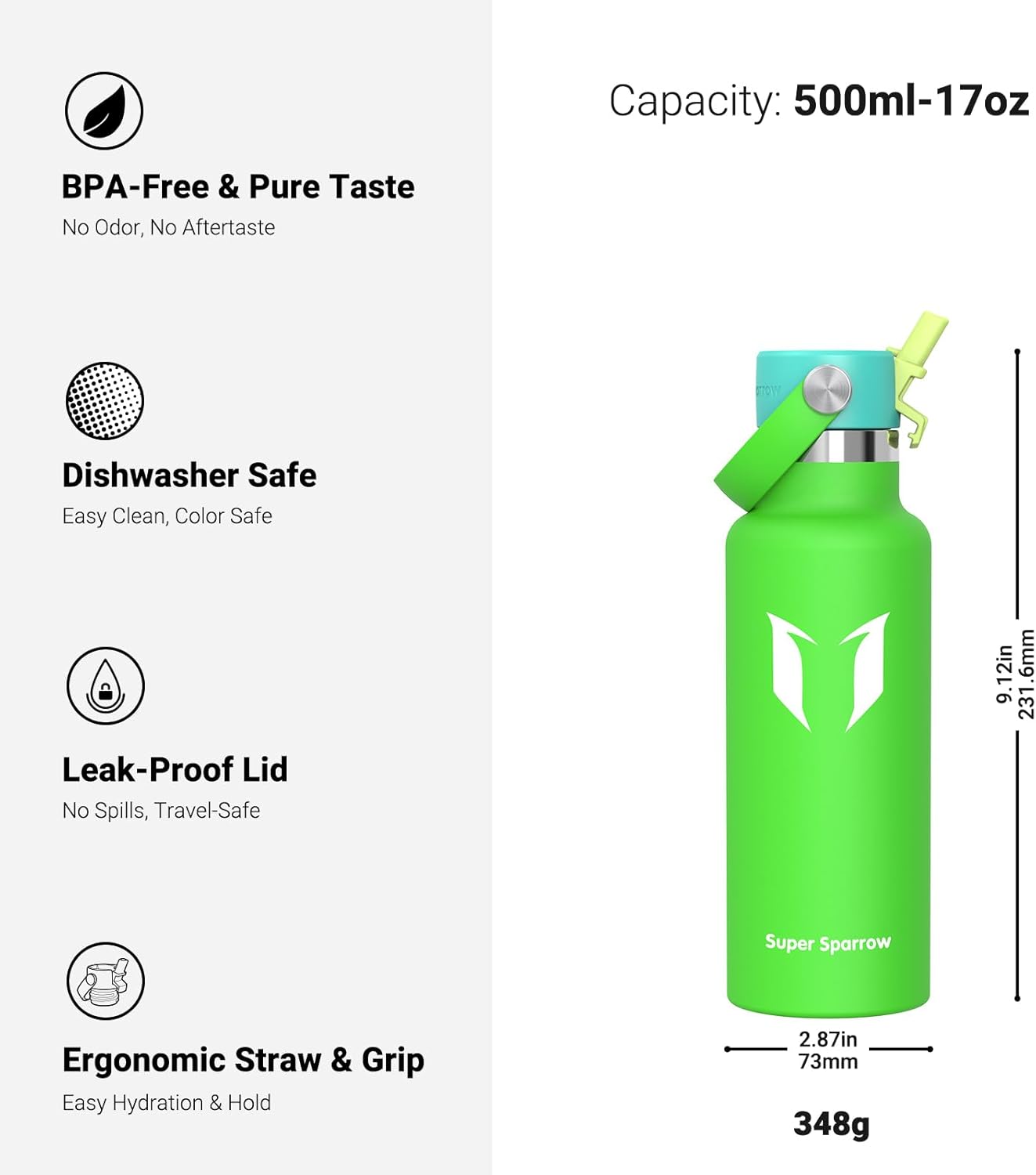 Super Sparrow Insulated Water Bottle - 17 Oz / 25 Oz / 34 Oz - Standard Mouth FlipFlow Flask - BPA Free, Leak Proof Drink Bottle- Ergonomic Straw Water Bottles for Work, Gym, Travel, Sports - Image 3