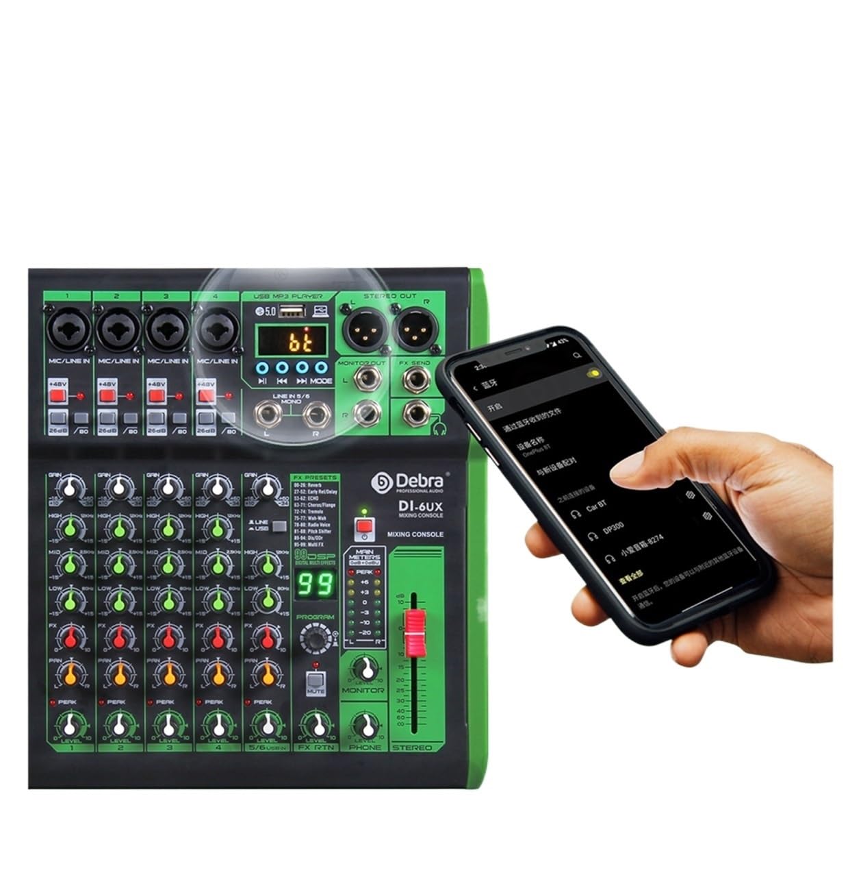 Consola mezcladora DJ con efecto digital 99DSP, alimentación Phantom de 48 V, USB, MP3 for grabación en PC,Portátil(DI-6UX 6 Channels)