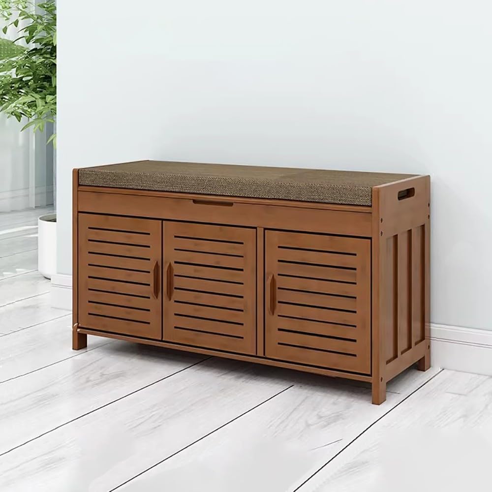 Banco Zapatero, Banco Entrada Recibidor con Asiento Acolchado, Compartimento Oculto, Abierto con Puertas y Estantes para 3 Pares de Zapatos,90x33x50cm
