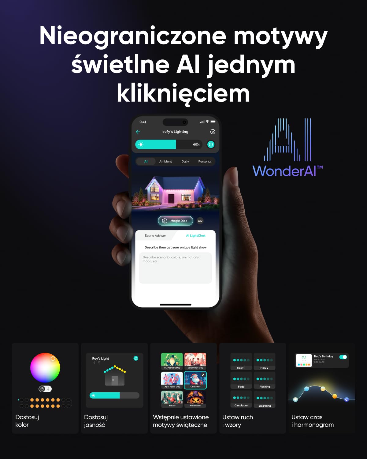 Stałe oświetlenie zewnętrzne eufy E22, 30 m z 60 potrójnymi diodami LED, inteligentne oświetlenie RGBWW, Wodoodporność na poziomie do IP67, motywy oświetlenia AI Boże Narodzenie, kompa