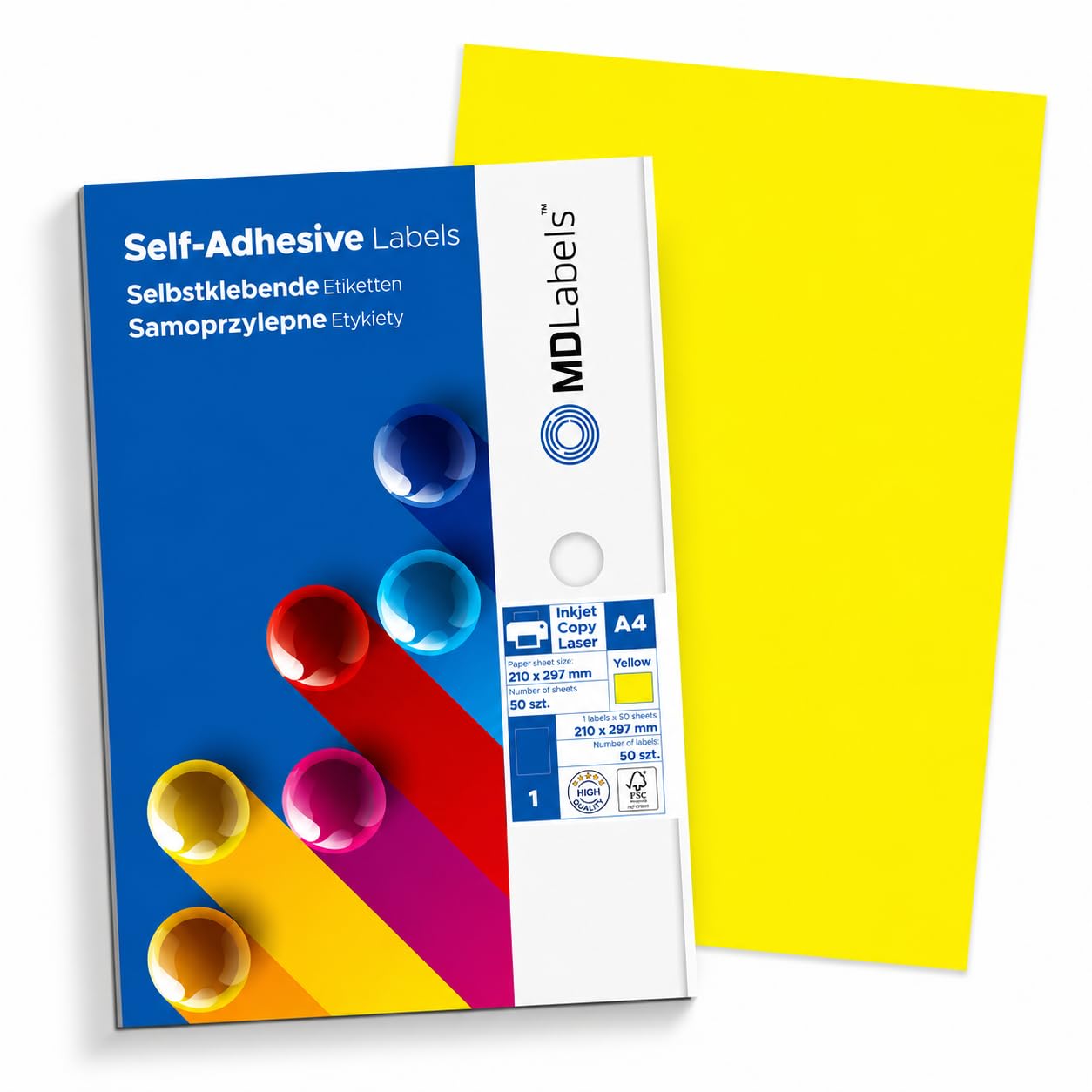 MD Labels Uniwersalne etykiety DIN A4 – etykiety samoprzylepne – do zadrukowania, neonowe żółte etykiety z papieru do opisywania, 210 x 297 mm, 50 etykiet