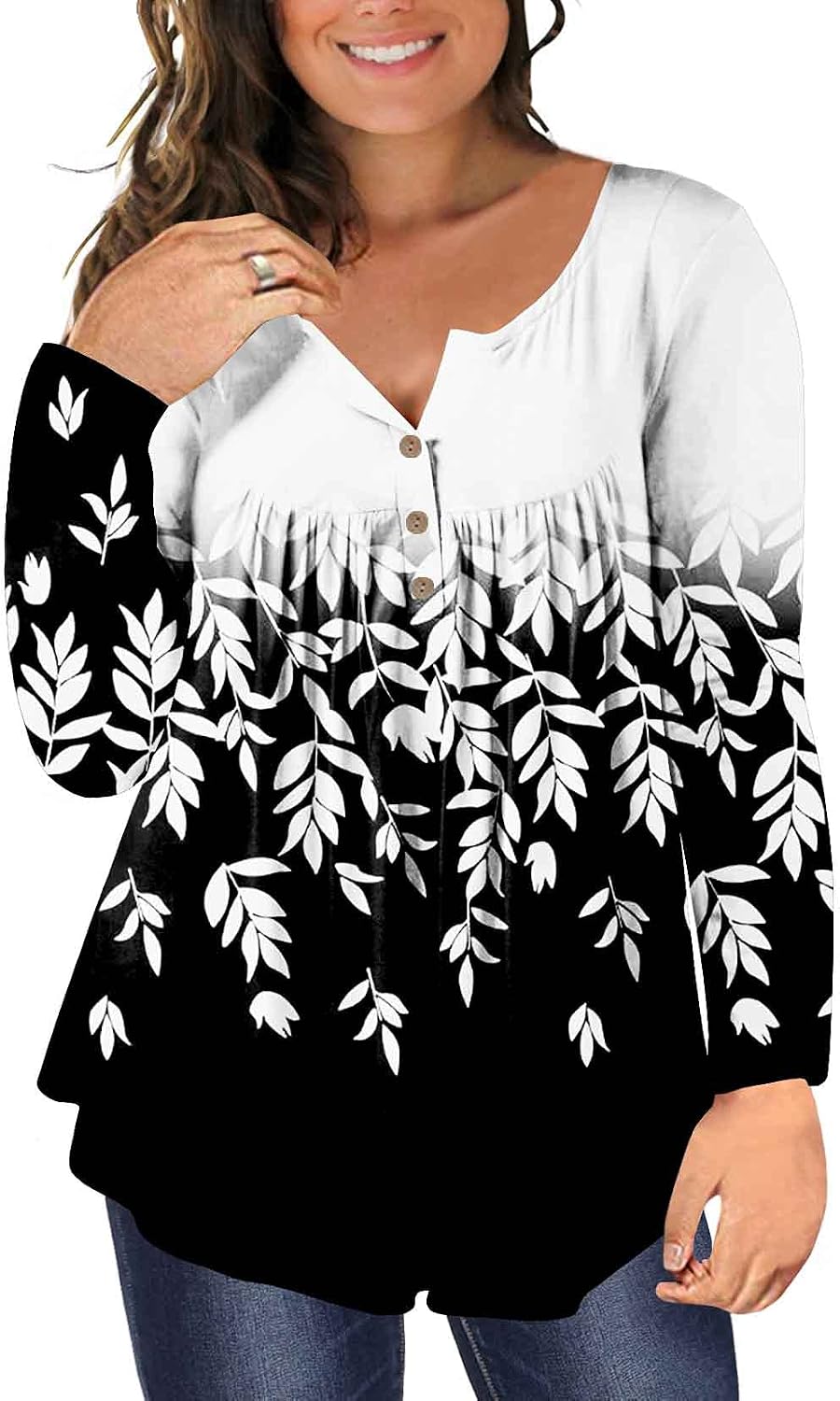 Girdtyd Women's Plus Size Button-Up Tunic Top - Floral Print, Pleated Front, Long Sleeve Henley Style 3 thumbnail image