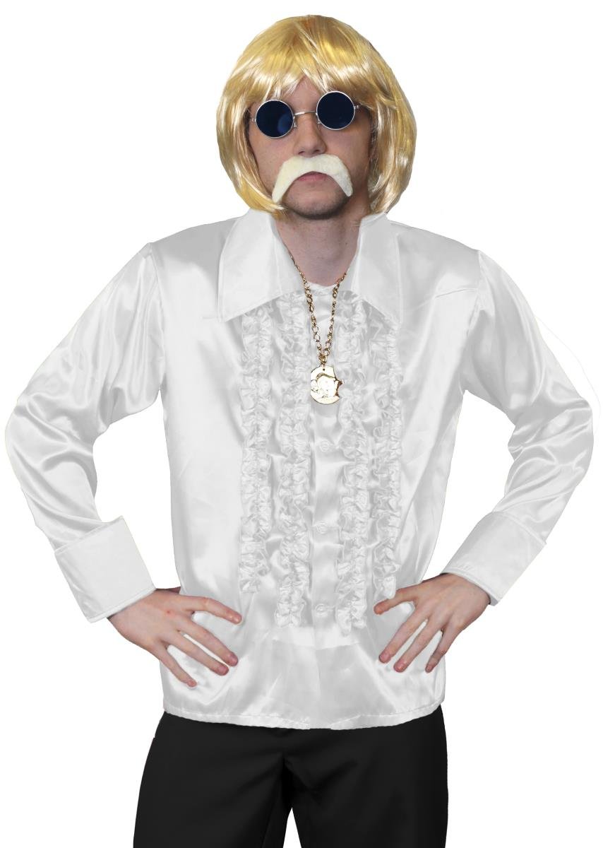 I LOVE FANCY DRESS Mens 70s Disco Costume - Blonde Wig for Men, White Disco Shirt, Gold Medallion, Blue Glasses, Blonde Tash - Funky Costume (X-large)