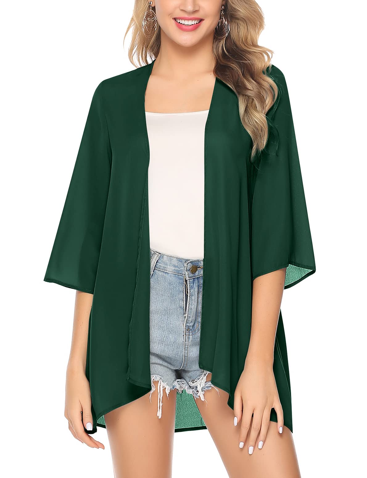 Irevial Kimono Mujer Cardigan Mujer Verano Manga 3/4 Playa Cardigan Boho Style Suelto Chal de Gasa Ropa de Baño Cover Up