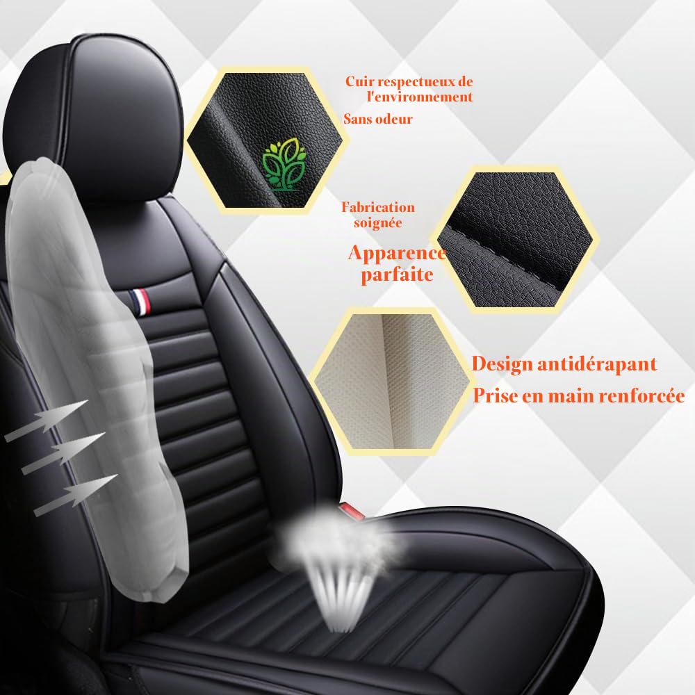 Lot de 5 housses de siège de voiture universelles en cuir synthétique pour Mercedes-Benz Classe B Classe C Classe E GLB GLC GLE - Respirantes, imperméables et résistantes à l'usure (noir)