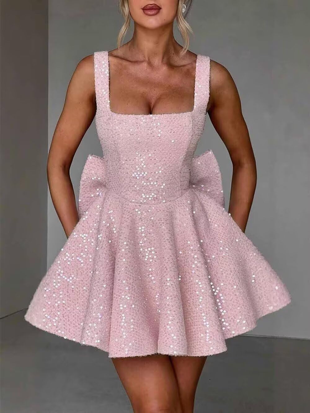 Short Sequin Prom Dress with Bow Sparkly Homecoming Dresses for Teens A Line Graduation Party Gowns