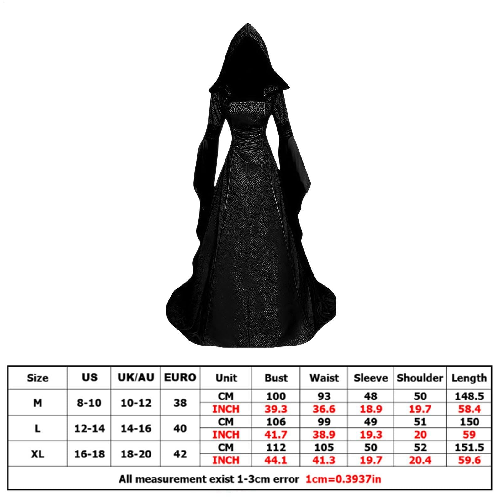 Costume medievale da strega rinascimentale, da donna, con cappuccio, a