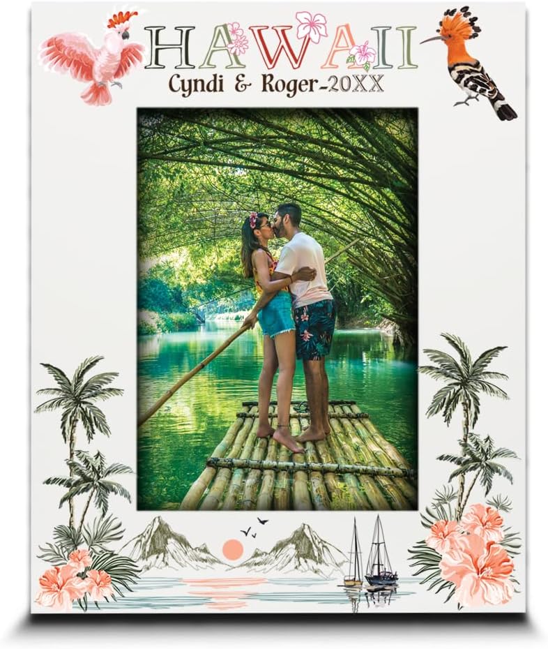 BELLA BUSTA-Personalize Hawaii Themed Picture frame-Wedding, Honeymoon, Vacation, Anniversary, Birthday-Hawaiian symbols Design set-UV Print (5x7 Vertical)