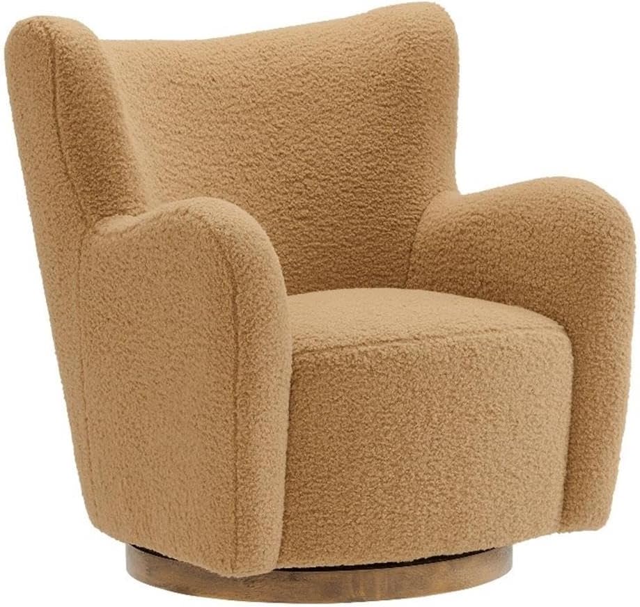 as is Modway Montrose Swivel Wingback Accent Chair in Camel Walnut Sherpa Teddy Fabric – Modern Furry Barrel Chair with 360-Degree Swivel Base – Soft and Comfy Living Room Chair