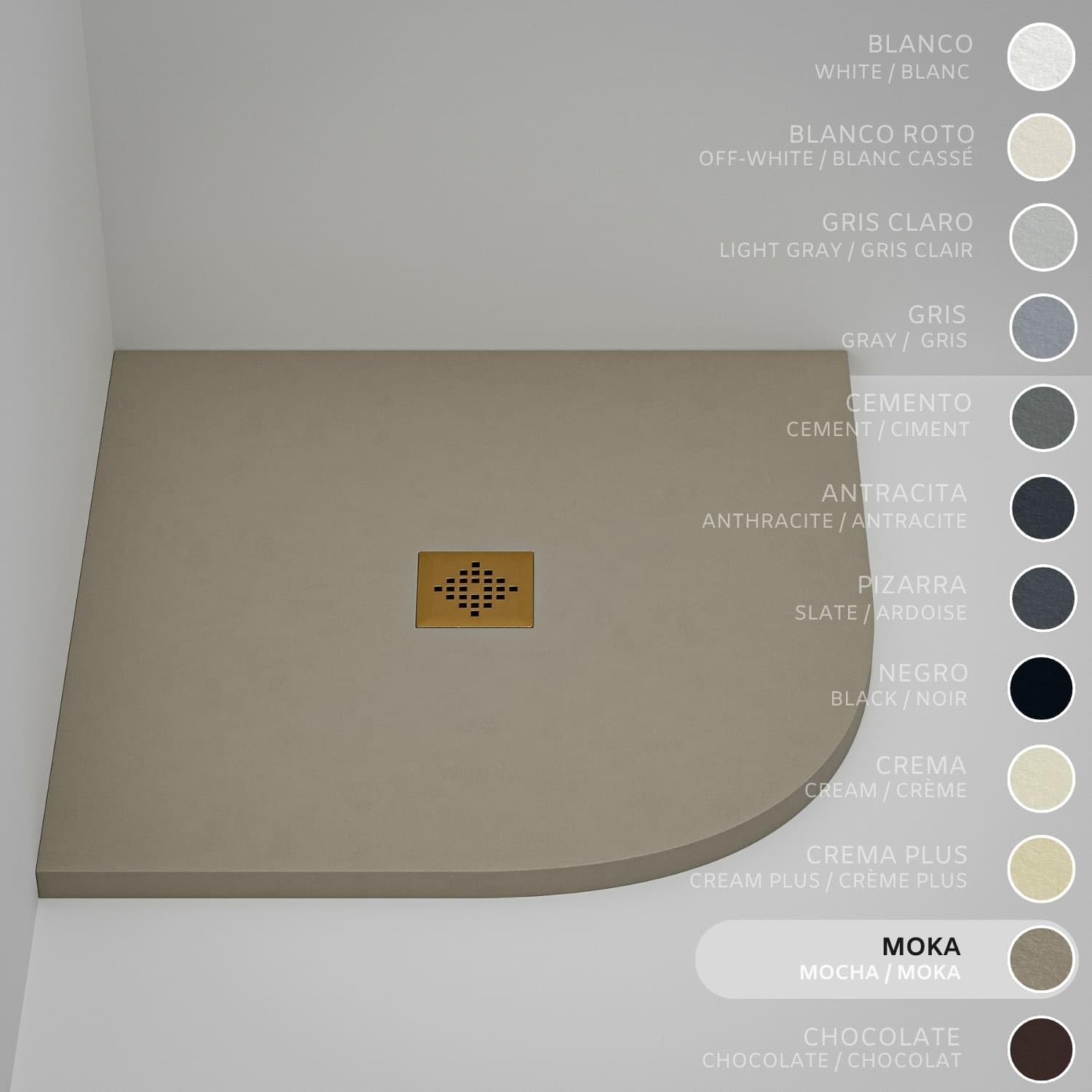 Soulhome Plato de Ducha Semicircular 70x70 Moka - Rejilla Dorada | Antideslizante C3, Extraplano, Resina y carga mineral, Textura Liso Piedra, Antibacteriano, Gel-coat, Incluye válvula desagüe