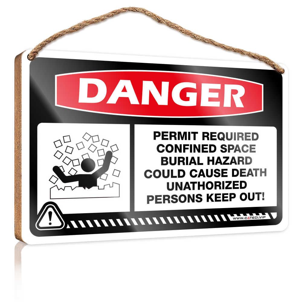 HMQW Diy Door Front Sign Danger Permit Required Confined Space Burial Hazard Could Cause Death Wooden Sign Funny Bathroom Signs Porch Decor(23X35CM)