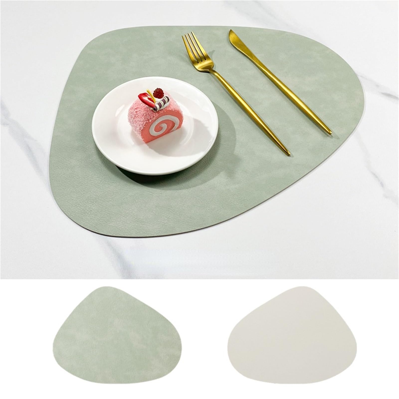 Manteles Individuales Mantel Individual de Cuero con Forma Gota Agua y Almohadilla Aislante Antideslizante Doble Cara(Green-White,4 Pcs)