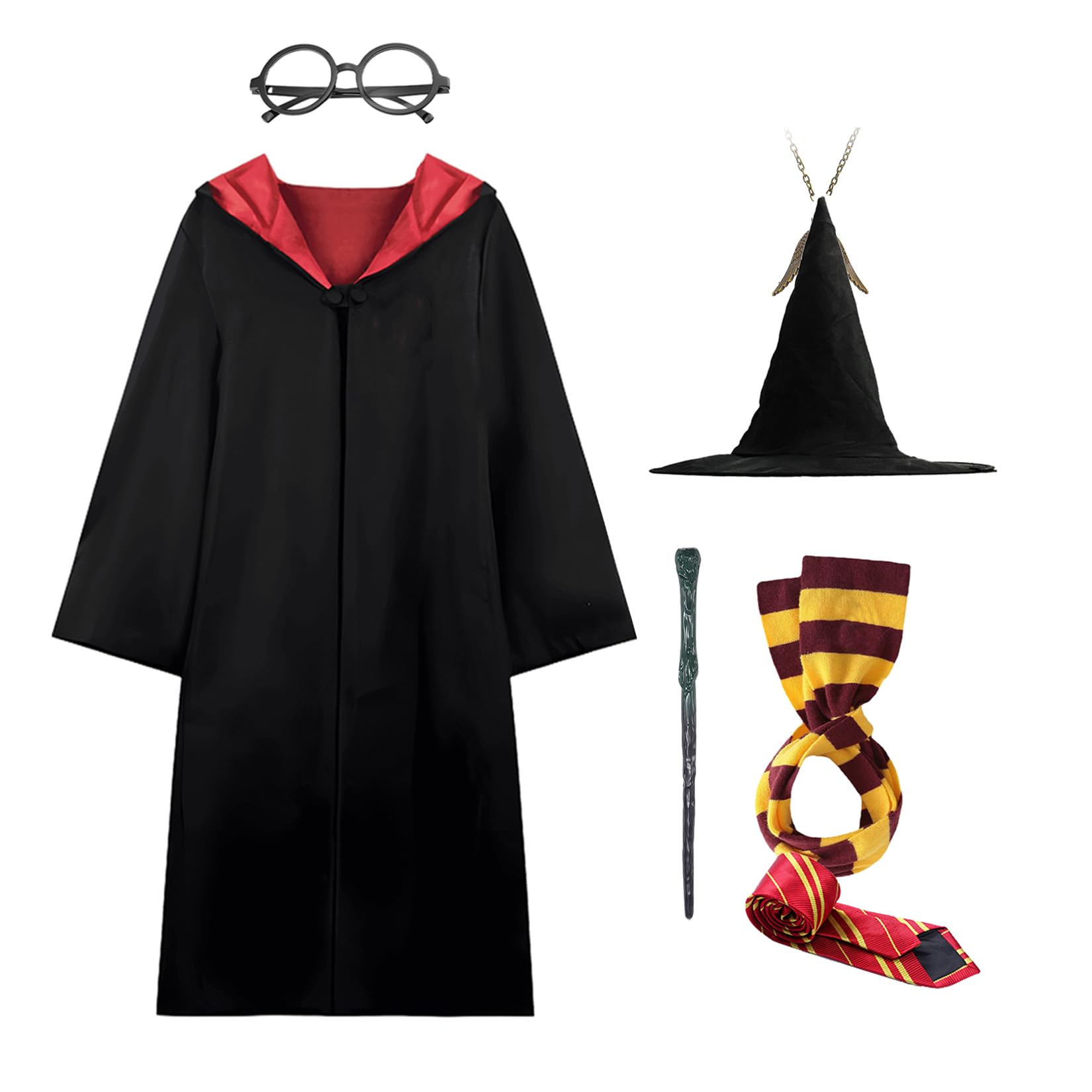 Alaiyaky Wizard Costume Suit for Kids Adults, 7Pcs Wizard Fancy Dress Halloween Costume Wizard Robe with Wizard Hat Scarf Wand Glasses Tie Necklace, World Book Day Costumes for Boys Girls (R/K, M)