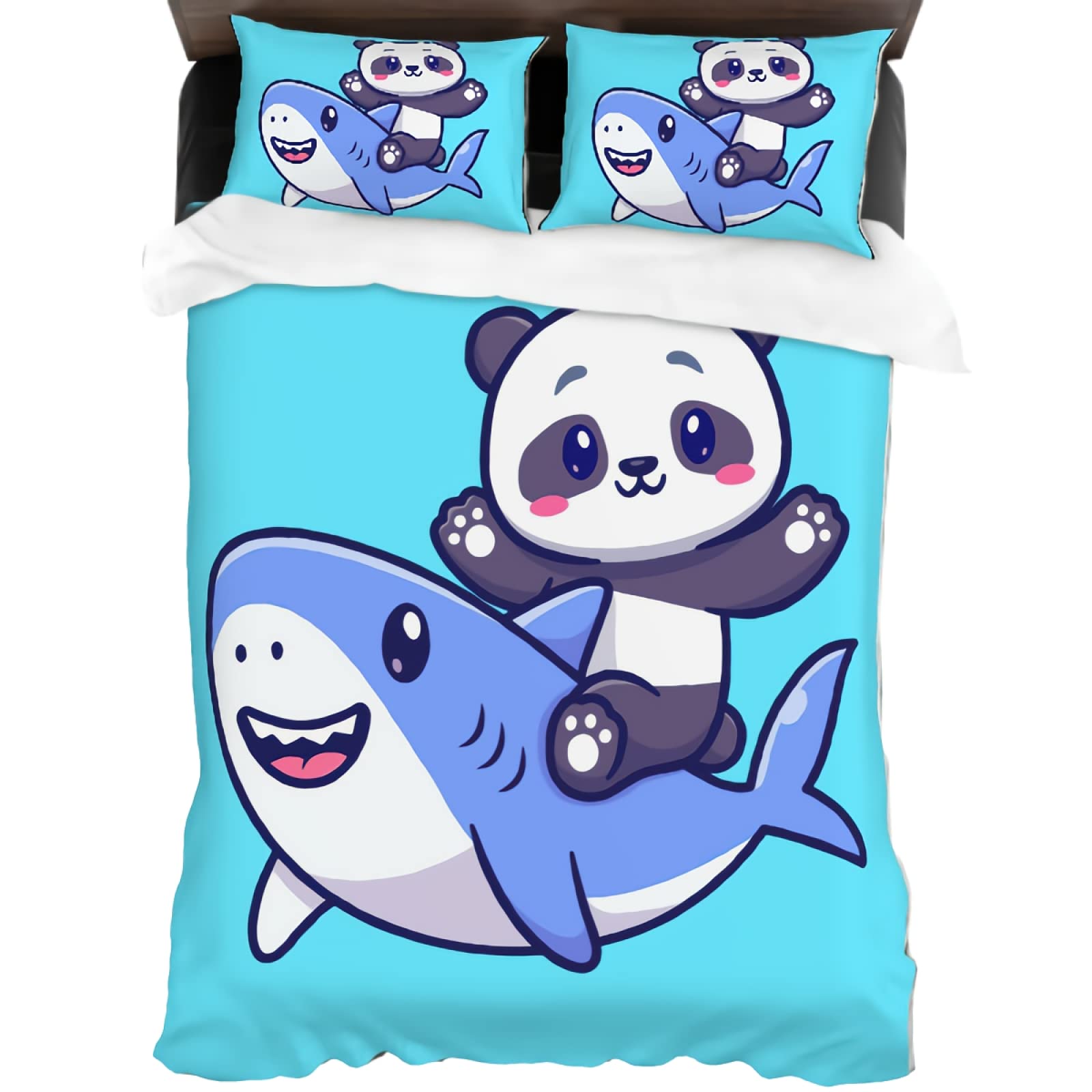 GREDBH Cute Shark Bedding Set Panda for Kids Boys Duvet Cover Funny Theme for Teenagers Decorate Bed 1 Comforter Cover and 2 Pillow Cases Twin Size