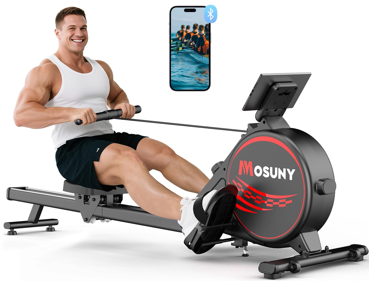 Rameur Musculation D'appartement, MOSUNY 16/32 Niveaux de Résistance Rameur Magnétique, Glissières Doubles améliorées, Ultra Silencieux, App-Compatible, Capacité de Poids jusqu'à 160/180 kg