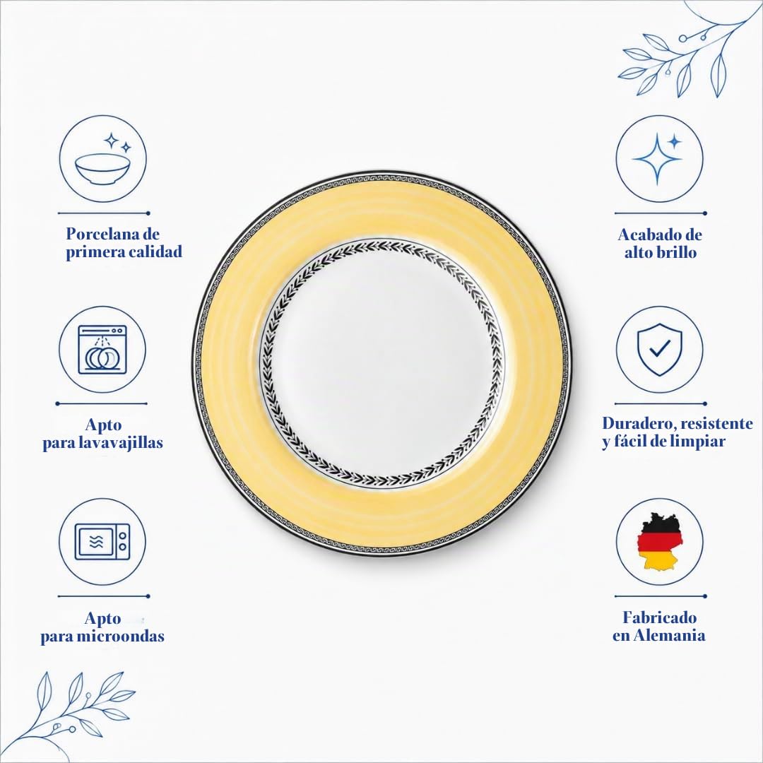 Villeroy & Boch Audun Fleur Plato llano, 27 cm, Porcelana Premium, Blanco/Gris/Amarillo | Porcelana, diseño multicolor, una pieza, entrantes, ensaladas compuestas, aperitivos compartidos