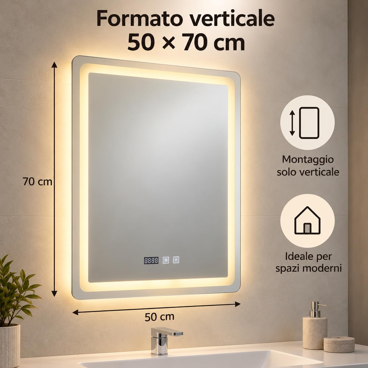 Miroir de salle de bain LED 50 x 70 cm, miroir de salle de bain avec