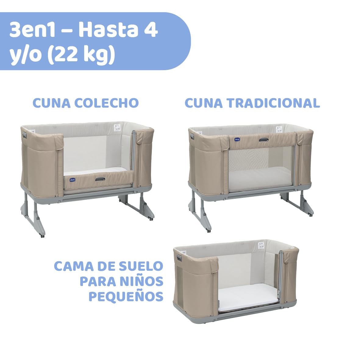 Chicco Next2Me Forever, Cuna Colecho Bebé 3in1, Se Convierte en Cuna Montessori, hasta 4 Años (22 Kg), Altura Ajustable, Buena Circulación del Aire, 4 Ruedas, Colchón Incluido