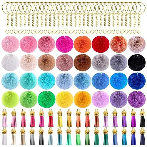 Qezodsx 160 Pièces Porte-Clés Pom Pom Pompon Ensemble Kit Fausse Fourrure Pom Pom Or Porte-Clés pour Les Projets de Bricolage, Couleur Aléatoire