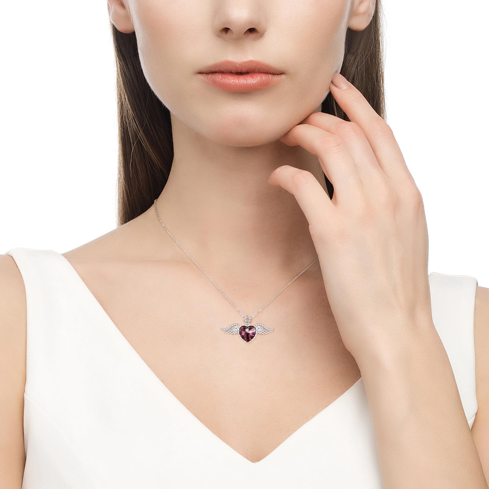TANGPOET Engelsflügel Halskette 925 Sterling Silber Liebe Herz Kristall Kette Königin Krone Anhänger Geburtsstein Schmuck Geschenk für Frauen Mädchen mit Geschenkbox