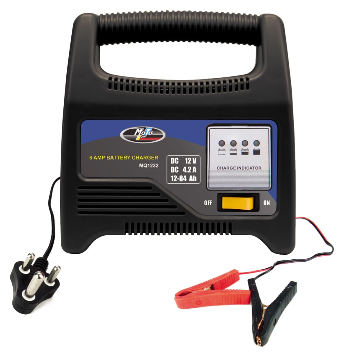 Moto Quip 6 Amp Battery Charger front view with clamps