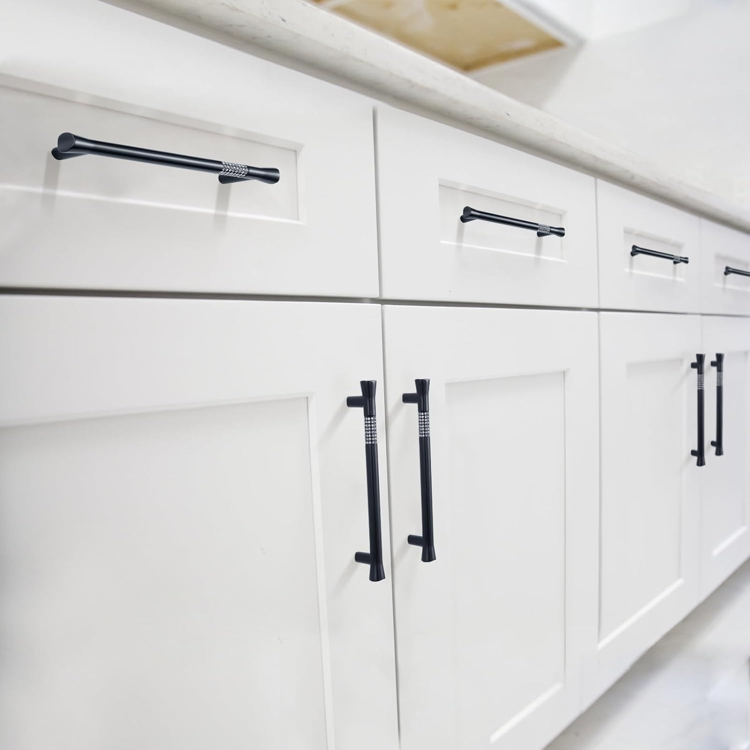 Matte Black Cabinet Handles, 10-Pack, 5 Inch Hole Spacing Crystal Drawer Pulls, Kitchen Hardware for Cabinets
