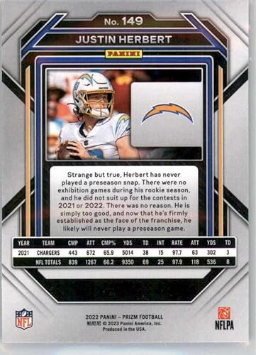 Miniatura 2 de 2022 Panini Prizm Football #149 Justin Herbert Los Angeles Chargers Official NFL Trading Card (Stock Photo shown, card is in Near Mint to Mint